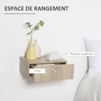 HOMCOM Lot de 2 Tables de Chevet murales - Lot de 2 Tables de Nuit - tiroir Coulissant, Plateau - Panneaux Particules Aspect chêne Clair(m-5)