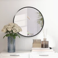 kleankin Round Bathroom Mirror, Modern Wall-mounted Makeup Mirror with Aluminium Frame for Washroom Living Room, Black, 40x40 cm(m-5)