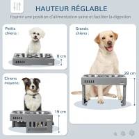 PawHut Gamelles Surélevées Porte-gamelles double, 2 bols amovibles pour chien, 3 Hauteurs Ajustables 8/19/28 cm, gris(m-4)