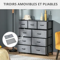 HOMCOM Commode 9 tiroirs meuble de rangement tiroir en tissu pliant - structure acier noir - 100 x 30 x 100 cm, noir et gris(m-6)