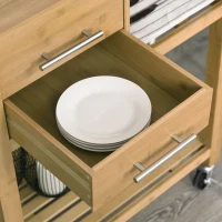 HOMCOM Desserte chariot de cuisine - 2 tiroirs poignées métal, 2 étagères, porte-torchon - bois massif bambou verni(m-3)