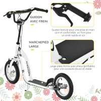 HOMCOM Trottinette enfants, grandes roues pneumatiques 12 pouce en caoutchouc, charge 100 kg, trottinette tout terrain avec double freins, hauteur réglable et béquille latérale, 5 à 12 ans, blanc(m-5)
