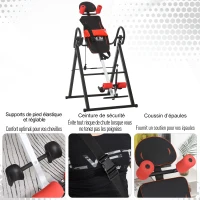 HOMCOM Table d'inversion de musculation pliable ceinture de sécurité réglable angle inversé ajustable 3 niveaux acier rouge noir(m-5)