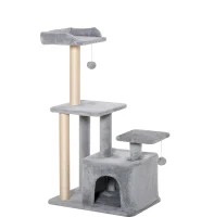 PawHut Árbol Rascador para Gatos Altura 114 cm con Postes de Sisal 3 Plataformas Casita y 2 Bolas Colgantes Gris Claro(m-11)