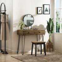 HOMCOM Set Tavolo per Trucco con Sgabello e Specchio Makeup, in Legno e Metallo, Color Noce(m-2)