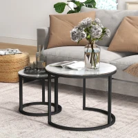 HOMCOM Glass Coffee Table Set of 2, Round Nest of Tables with Marble-Effect Tempered Glass Tabletop and Steel Frame, Modern Side Tables for Living Room, White(m-2)