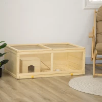PawHut Jaula para Hámster de Madera con Techo Abatible Panel de Acrílico Bandeja Extraíble y Cabaña 100x58x38 cm Natural(m-2)
