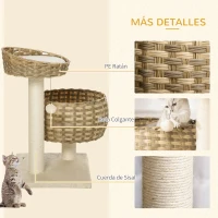 PawHut Árbol para Gatos Mediano con Cama Superior Cesta de Mimbre con Cojines Postes Rascadores de Sisal Natural y Bola Colgante de Juguete 54x40x70 cm Beige(m-6)