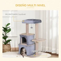 PawHut Árbol Rascador para Gatos de 92 cm Torre para Gatos Mediano con 2 Cuevas Bola Colgante y Postes para Rascar Gris(m-6)