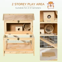 PawHut Wooden Hamster Cage with Pull-Out Tray, Two Tier Small Animal Hutch with Openable Top, Ladder, Seesaw, Running Wheel,  - Natural(m-4)