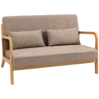 HOMCOM 2-er Sofa, 2-Sitzer, kleines Sofa, Retrodesign, 2 Kissen, Kautschukholz, Braun + Natur