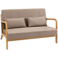 HOMCOM 2-er Sofa, 2-Sitzer, kleines Sofa, Retrodesign, 2 Kissen, Kautschukholz, Braun + Natur(m-1)