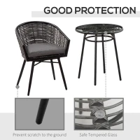 Outsunny 3 Pieces Rattan Bistro Set, Wicker Garden Furniture Set with Round Glass Top Coffee Table and Chairs, Washable Cushions for Outdoor, Patio, Balcony, Grey(m-7)
