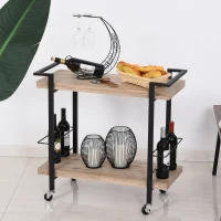 HOMCOM Chariot de service desserte Vintage style industriel 2 étagères 2 range-bouteilles métal noir panneaux cellulaires imitation bois chêne clair(m-2)