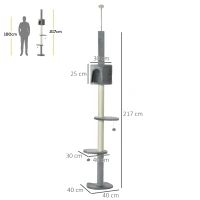 PawHut Árbol Rascador para Gatos Rascador para Fijar al Techo Altura 255 cm con Plataformas Cueva Postes de Sisal Bolas Colgantes Gris Claro(m-3)
