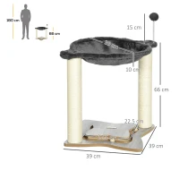 PawHut Tiragraffi per Gatti con Amaca in Peluche, Base in Legno con Gioco e Pali in Sisal, 53.55x53.5x66cm, Grigio(m-3)