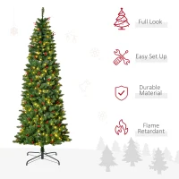 HOMCOM 7FT Prelit Artificial Pencil Christmas Tree with Warm White LED Light, Red Berry, Holiday Home Xmas Decoration, Green(m-4)