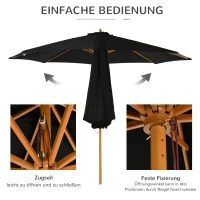 Outsunny Sonnenschirm Ø 300 cm, Sonnenschirm mit UV Schutz Balkonschirm aus Holz Strandschirm stabil Marktschirm Sonnenschutz für Strand Terrasse Garten, Schwarz(m-5)