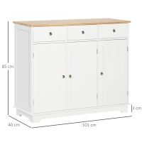 HOMCOM Sideboard with Rubber Wood Top, Modern Storage Cabinet, Kitchen Cupboard with 3 Doors, 3 Drawers and 3 Adjustable Shelves for Dining Room, Living Room, White(m-3)