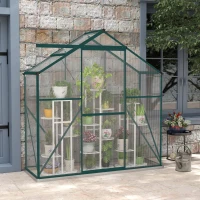 Outsunny 6 x 2.5ft Polycarbonate Greenhouse Walk-In Green House with Rain Gutter, Sliding Door, Window, Foundation, Green(m-10)