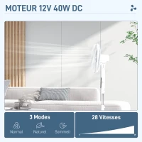 HOMCOM Ventilateur sur pied Ø 42cm 40W 3 modes 28 vitesses, fonction anti-moustique, hauteur réglable oscillant 75° blanc(m-4)
