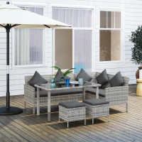 Outsunny tsunny 6-Seater Rattan Dining Set Sofa Table Footstool Outdoor w/ Cushion Garden Furniture, Dark Grey(m-2)