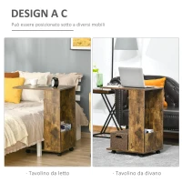 HOMCOM Tavolino da Salotto e Comodino Design a C con Mensola e Vano Laterale, Ruote con Freno, Legno Marrone Rustico, 60x40x76cm(m-7)