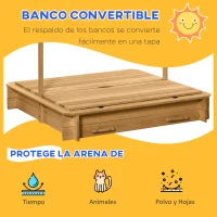 Outsunny Arenero Infantil con Toldo Ajustable en Altura 2 Bancos y Respaldos Desmontables para Patio 106x106x115 cm Natural(m-5)