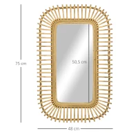 HOMCOM Espejo de Ratán Decorativo de Pared Espejo Colgante Rectangular para Salón Dormitorio Entrada Pasillo 75x48 cm Natural(m-3)