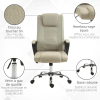 HOMCOM Fauteuil de bureau à roulettes chaise manager ergonomique pivotante hauteur réglable lin 62 x 71 x 124 cm kaki(m-5)