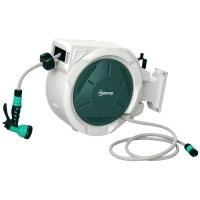 Outsunny Retractable Hose Reel Wall Mounted, 30+2m Garden Hose Pipe Reel with Lock, Auto Rewind, 7 in 1 Spray Nozzle, Includes Wall Fixings, 180° Swivel, Outdoor Watering, Grey(m-1)