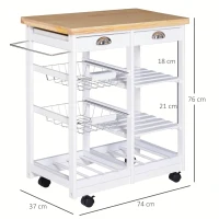 HOMCOM Carrello da Cucina Multiuso con 2 Cassetti, 2 Ripiani e 2 Cesti, in Legno di Pino, 74x37x76 cm, Bianco(m-3)