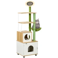 PawHut Cat Tree with Cat Litter Box for Indoor Cats, with Scratching Post, Cat House, Hammock - Oak Tone(m-1)