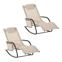 Outsunny 2PCs Outdoor Garden Rocking Chair, Patio Sun Lounger Rocker Chair with Breathable Mesh Fabric, Removable Headrest Pillow, Armrest, Side Storage Bag, Cream White(m-1)