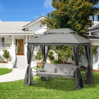 Outsunny Dondolo da Giardino 3 Posti Lettino e Gazebo Design 3 in 1 con Tettuccio, 256x172x248 cm, Grigio Scuro(m-2)