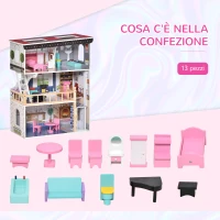 HOMCOM Casa delle Bambole in Legno a 3 Piani con Ascensore e Accessori, per Bambini 3-6 Anni, 60x30x80 cm, Rosa(m-6)