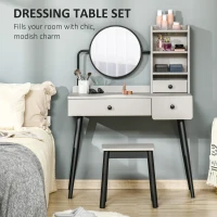 HOMCOM Dressing Table Set with Mirror and Stool, Vanity Makeup Table with 3 Drawers and Open Shelves for Bedroom, Living Room, Grey(m-5)