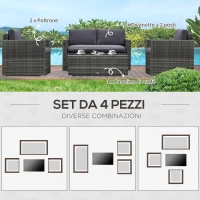 Outsunny Set da Giardino 4 Pezzi in Rattan PE e Acciaio, con Divano, 2 Poltrone e Tavolino da Caffè, Grigio(m-5)