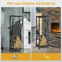 Outsunny Portalegna da Interno ed Esterno Salvaspazio in Metallo con Paletta, Scopino, Attizzatoio e Pinza, 34x34x111cm, Nero(m-5)