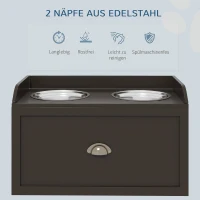 PawHut Futterstation Erhöhte Fressnäpfe 2 Fressnäpfe, 2 Edelstahlschalen, 1 Stauraum, 60 x 30 x36 cm, Braun(m-6)