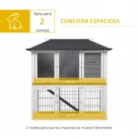 PawHut Conejera de Madera Exterior Jaula Elevada para 2 Conejos con Techo Asfáltico Corral de Metal Bandeja Extraíble Múltiples Puertas y Rampa 117x62,5x115 cm Gris(m-4)