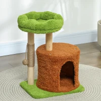 PawHut Albero Tiragraffi per Gatti con Casetta, Lettino e Pallina Giocattolo, in Legno e Peluche, 44x33x61 cm, Verde(m-8)