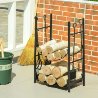 Outsunny Estante de Leña para Chimenea 44,5x29,5x73 cm Soporte para Leña de 2 Niveles Leñero Exterior e Interior Metálico con 4 Herramientas Carga Máx. 70 kg Negro(m-2)