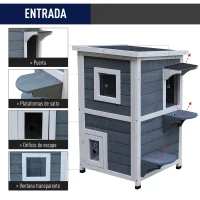 PawHut Caseta para Gatos de Madera Exterior Casa para Gatos de 2 Pisos con Techo Abrible Ventanas y 2 Plataformas para Terraza Balcón Jardín 51x51x81,3 cm Gris(m-6)