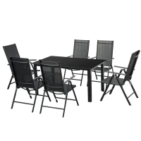 Outsunny Conjunto de Muebles de Jardín de Aluminio 7 Piezas con 6 Sillas Plegables y Reclinables Mesa de Vidrio Templado Negro(m-10)