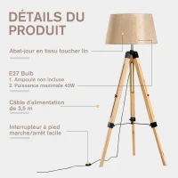 HOMCOM Lampadaire trépied hauteur réglable  65 x 65 x 99-143 cm lampe de sol 40 W  bois style nordique beige(m-5)