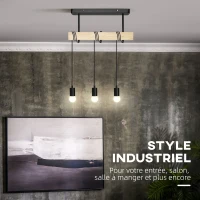 HOMCOM Suspension luminaire industriel lustre vintage en métal et barre bois 3 lumières hauteur réglable 50 x 8 x 33 cm noir(m-4)