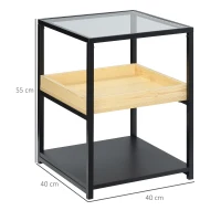HOMCOM Mesa Auxiliar de 3 Niveles Mesita de Noche Estilo Moderno con Encimera de Cristal Estantes de Madera y de Acero para Dormitorio Salón 40x40x55 cm Negro(m-3)