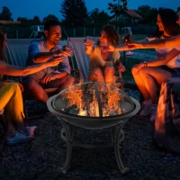 Outsunny Brasero Exterior de Metal Ø56 cm Cuenco de Fuego de Jardín con Tapa Protectora contra Chispas y Atizador para Hogueras Leñas Terraza Camping Fiestas Negro(m-2)