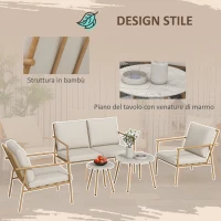 Outsunny Salotto da Giardino con Divano, 2 Poltroncine e 2 Tavolini Effetto Bambù con Cuscini, Marrone(m-6)